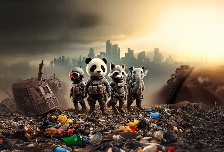 Personnages du jeu Les Gardiens de la Planète marchant sur un champ de déchets pour sensibiliser à la protection de l’environnement