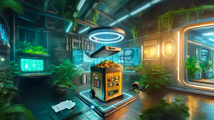 Illustration de la solution Erreur 404 de Trizzy pour sensibiliser au tri des déchets dans un univers futuriste