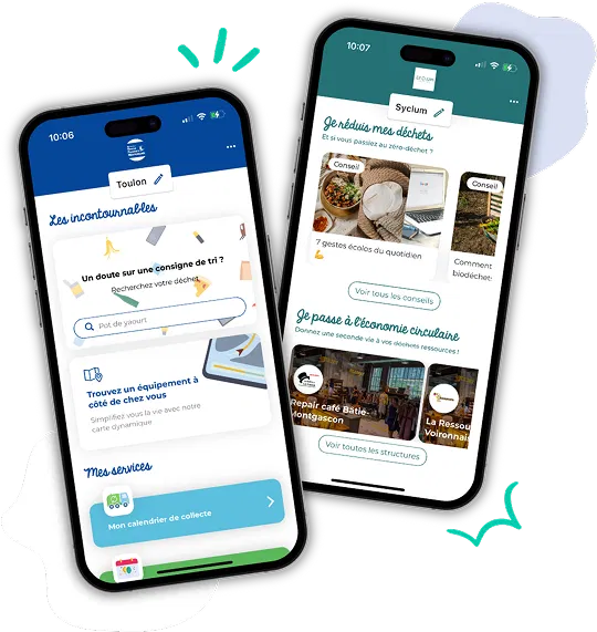 Deux smartphones affichant l’interface du module digital Trizzy avec services pratiques et conseils zéro déchet.