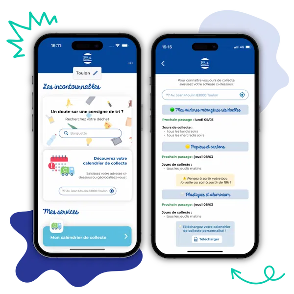 Aperçu de l’outil Trizzy sur smartphone affichant un calendrier de collecte des déchets personnalisé avec les prochaines dates de ramassage.