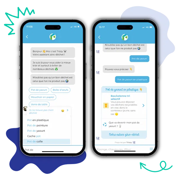 Aperçu du chatbot Trizzy sur mobile, répondant aux questions de tri des déchets avec suggestions interactives et précisions sur les matériaux.