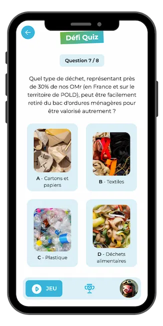 Écran de smartphone affichant un quiz sur les déchets avec la question : « Quel type de déchet, représentant près de 30 % des OMR, peut être facilement retiré du bac d’ordures ménagères pour être valorisé autrement ? » et quatre choix illustrés : cartons/papiers, textiles, plastique, déchets alimentaires.