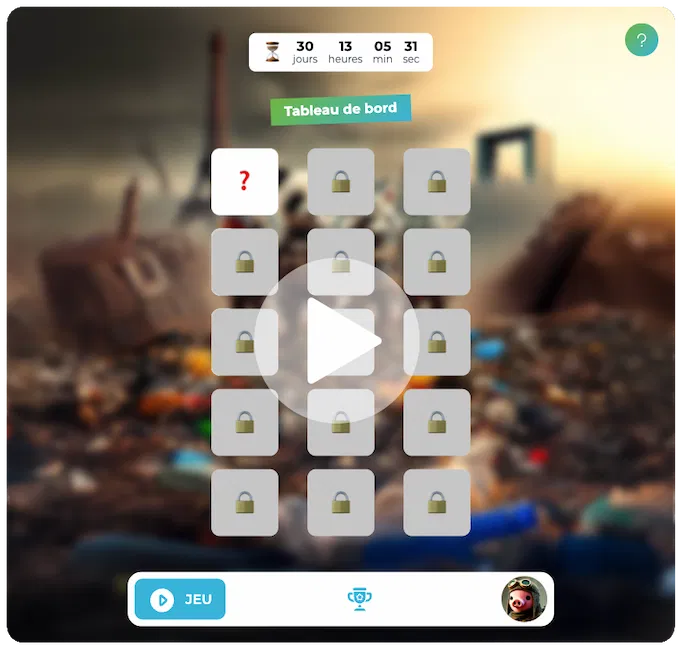 Interface de jeu avec cases verrouillées sur fond post-apocalyptique flou, compteur de temps en haut et bouton “JEU” en bas.