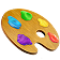 Icône de palette de peinture avec plusieurs couleurs et un pinceau posé dessus.